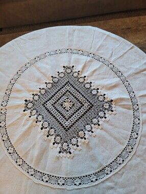 Vintage Handmade Linen Off White  Crochet Lace Round Tablecloth 58X 58